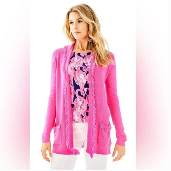 NWT Lilly Pulitzer Bridget Fringe Wool Cashmere Cardigan Raz Berry size Small - Picture 1 of 7